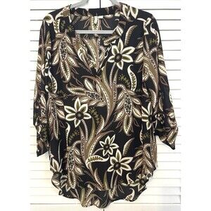 Cato Shirt 3/4 Sleeve V Neck Brown Green Floral Pullover High Low Women’s Large